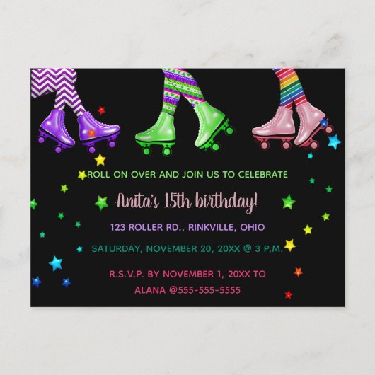 Editable Roller Skating Birthday Party Uitnodiging Briefkaart (Voorkant)