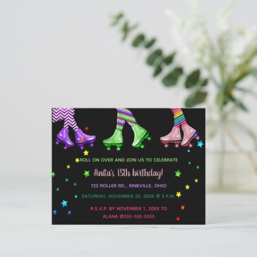 Editable Roller Skating Birthday Party Uitnodiging Briefkaart (Staand voorkant)
