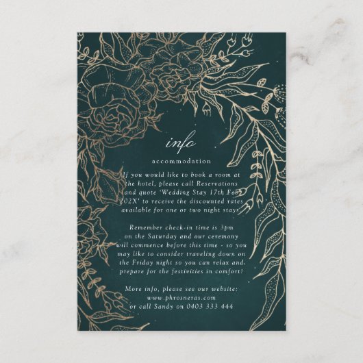 Editable Romantic Flower Wreath Emerald Gold Foil Informatiekaartje (Voorkant)