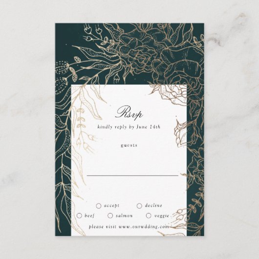 Editable Romantic Flower Wreath Emerald Gold Foil RSVP Kaartje (Voorkant)