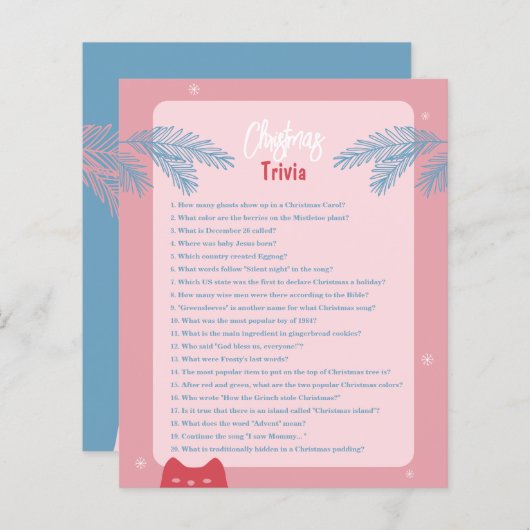Editable, roze rode kersttrivia, feestelijke wedst (Voorkant / Achterkant)