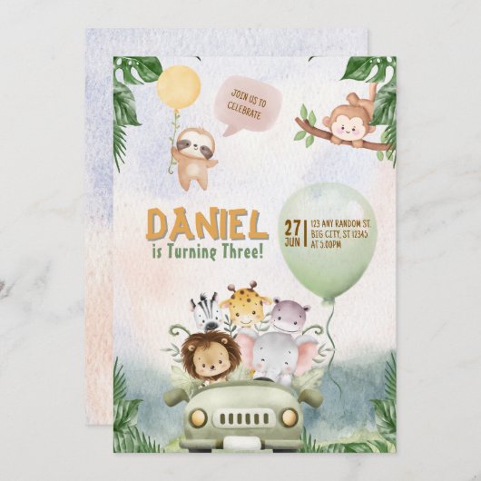 Editable Safari Birthday Invitation Kaart (Voorkant / Achterkant)