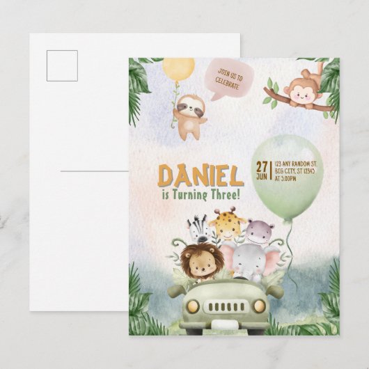 Editable Safari Birthday Invitation Uitnodiging Briefkaart (Voorkant / Achterkant)