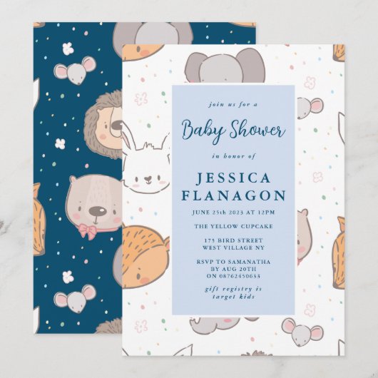 Editable Safari Oerwoud Animal Blue Baby shower Kaart (Voorkant / Achterkant)