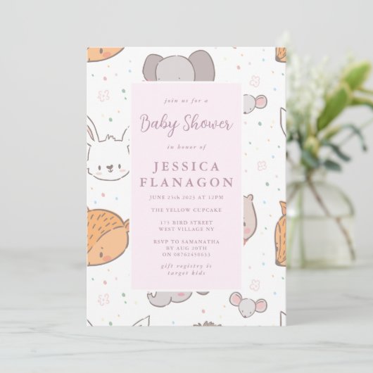 Editable Safari Oerwoud Animal Pink Baby shower Kaart (Staand voorkant)