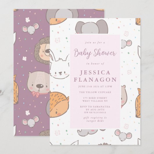 Editable Safari Oerwoud Animal Pink Baby shower Kaart (Voorkant / Achterkant)