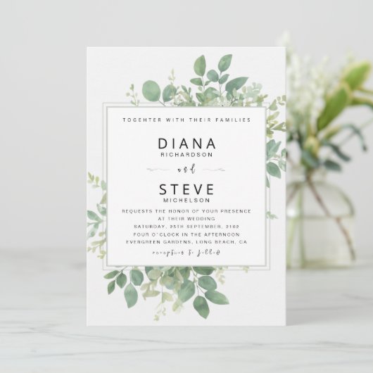 Editable Sage Green Botanical Frame Wedding Kaart (Staand voorkant)