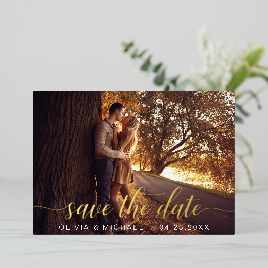 Editable Save the Date Gold Handwrite Photo Folie Uitnodiging (Staand Voorkant)