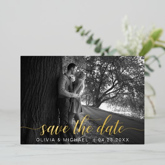 Editable Save the Date Gold Handwrite Photo Folie Uitnodiging (Staand Voorkant)