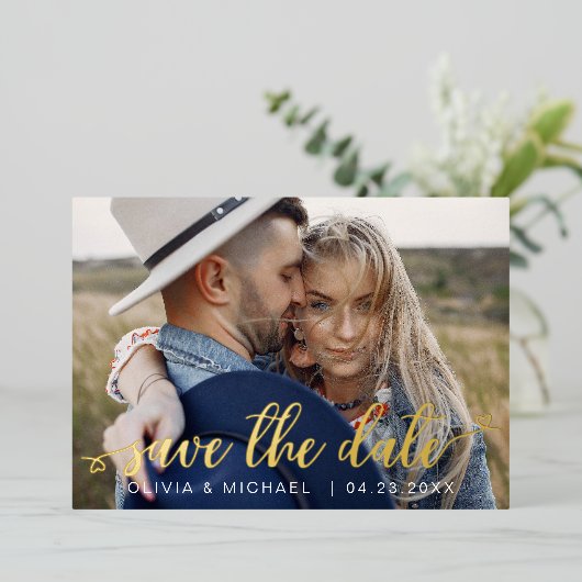 Editable Save the Date Gold Handwrite Photo Folie Uitnodiging (Staand Voorkant)