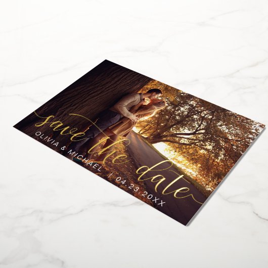 Editable Save the Date Gold Handwrite Photo Folie Uitnodiging (Gedraaid)
