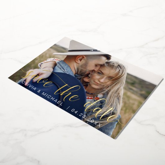 Editable Save the Date Gold Handwrite Photo Folie Uitnodiging (Gedraaid)