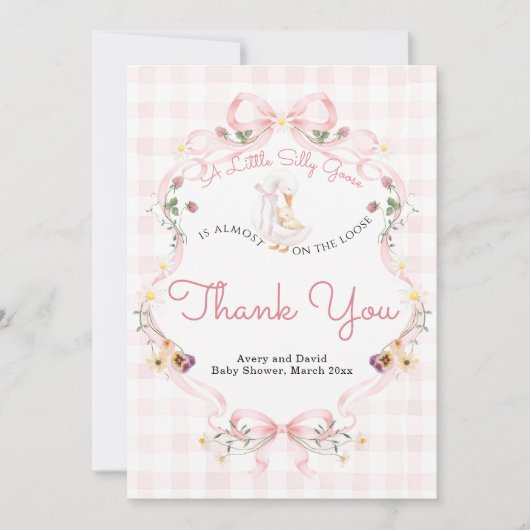 Editable Silly Goose Baby Shower Pink Bow Bedankkaart (Voorkant)