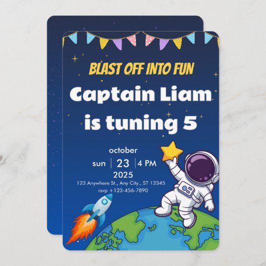Editable Space Explorer Birthday Invite Kaart (Voorkant / Achterkant)
