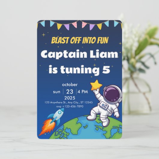 Editable Space Explorer Birthday Invite Kaart (Staand voorkant)