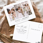 Editable sparen de Datum 3 Witte Brief van de Foto Briefkaart<br><div class="desc">Moderne en elegante foto bespaart de date bruiloft card. Sparen de kaart van de datumuitnodiging omvat witte typografie en chic en eenvoudig ontwerp op een witte achtergrond die u uw aangepast afbeelding van de de foto van het verloving kunt toevoegen aan.</div>