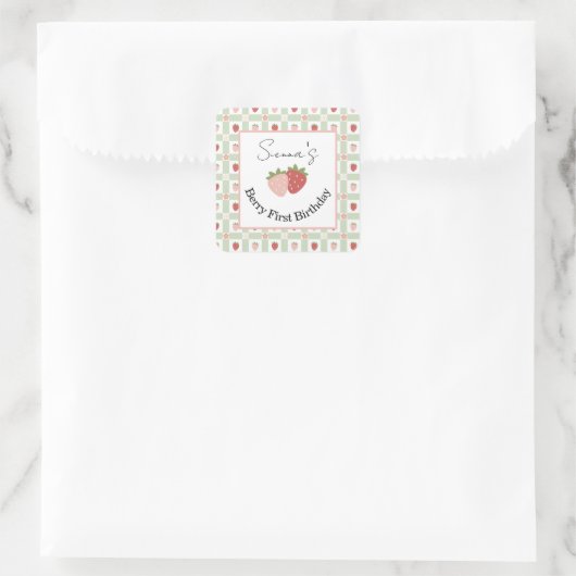 Editable Square Strawberry Gingham 1st Birthday  Vierkante Sticker (Tas)