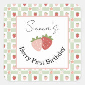 Editable Square Strawberry Gingham 1st Birthday  Vierkante Sticker (Voorkant)