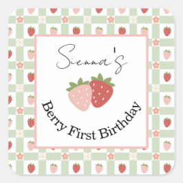 Editable Square Strawberry Gingham 1st Birthday  Vierkante Sticker