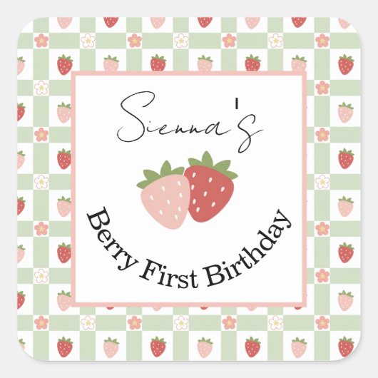 Editable Square Strawberry Gingham 1st Birthday  Vierkante Sticker (Voorkant)