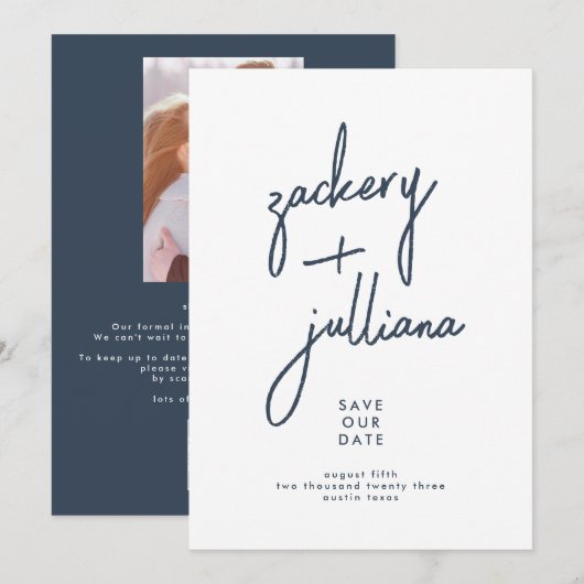Editable Stylish Photo Custom Navy Blue White Save The Date (Voorkant / Achterkant)