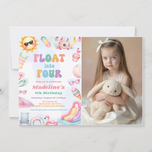 Editable Summer Float Into Four Birthday Photo Kaart (Voorkant)