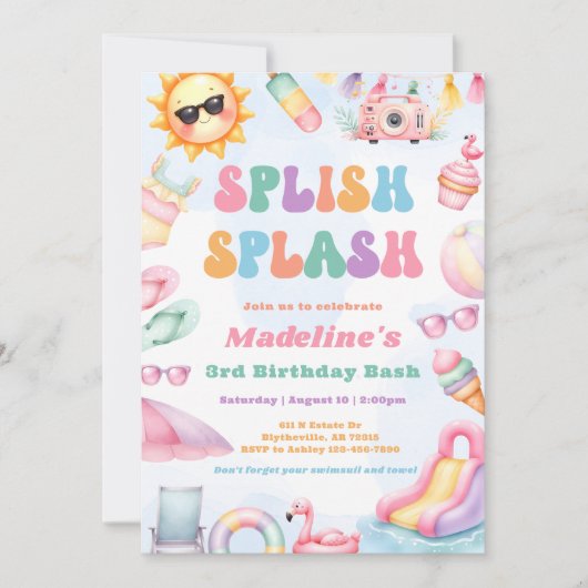 Editable Summer Splish Splash 3rd Birthday Party Kaart (Voorkant)