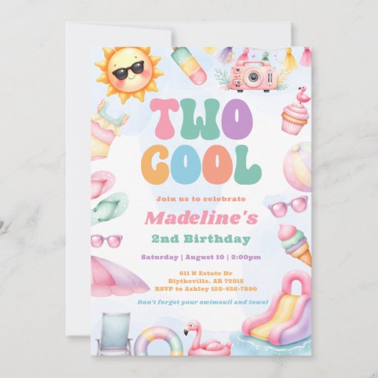 Editable Summer Two Cool 2nd Birthday Party Kaart (Voorkant)