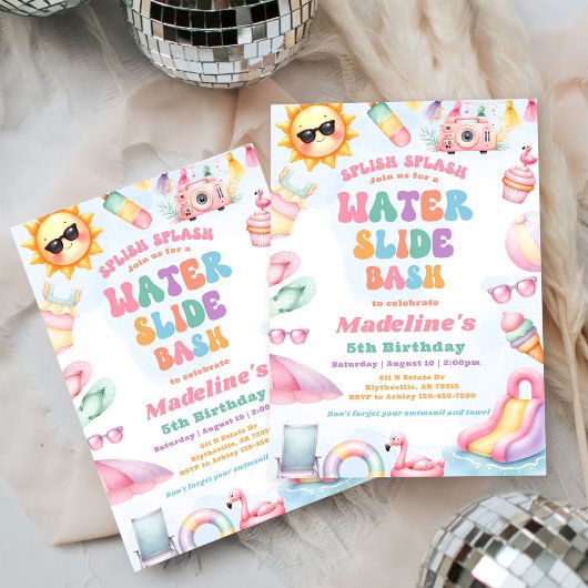 Editable Summer Water Slide Bash Birthday Party Kaart
