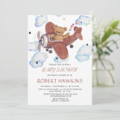 EDITABLE Teddy Bear Airplane Baby shower Kaart (Staand voorkant)
