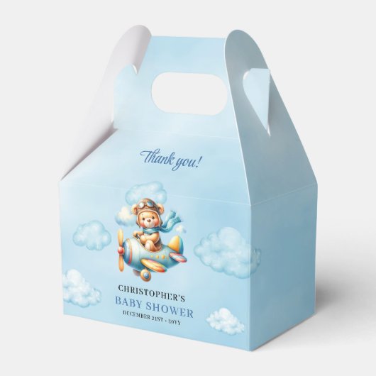 Editable Teddy Bear Aviator Blue Brown Boy Shower  Bedankdoosjes (Voorkant Zijde)