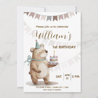 Editable Teddy Bear First Birthday Invitation  Kaart