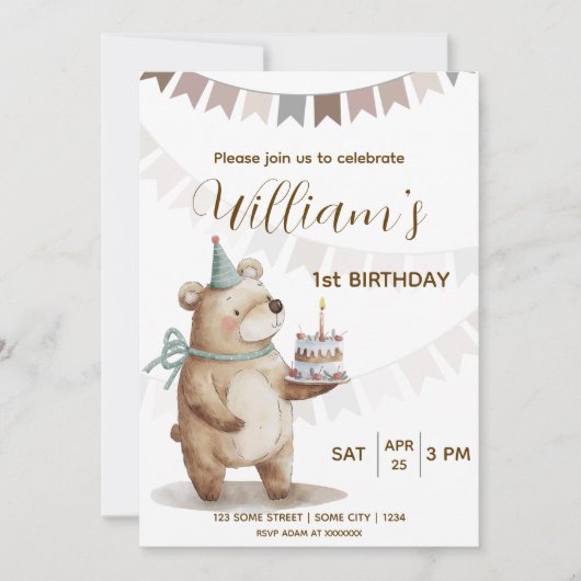 Editable Teddy Bear First Birthday Invitation Kaart (Voorkant)