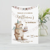 Editable Teddy Bear First Birthday Invitation Kaart (Staand voorkant)