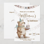 Editable Teddy Bear First Birthday Invitation Kaart (Voorkant / Achterkant)