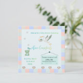 Editable Teddy Bear & Stork Blue Plaid Baby Shower Kaart (Staand voorkant)