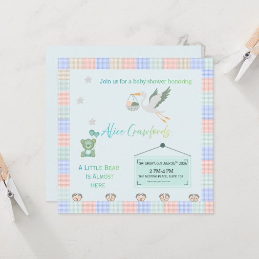 Editable Teddy Bear & Stork Blue Plaid Baby Shower Kaart (Voorkant / Achterkant in situ)