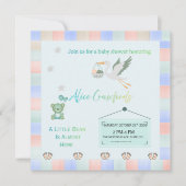 Editable Teddy Bear & Stork Blue Plaid Baby Shower Kaart (Voorkant)