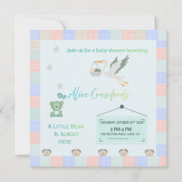 Editable Teddy Bear & Stork Blue Plaid Baby Shower Kaart