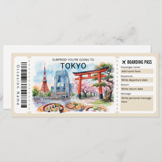 Editable Tokyo Trip Boarding Pass Ticket Kaart (Voorkant / Achterkant)