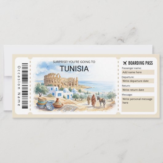 Editable Tunisia Plane Boarding Pass Ticket Kaart (Voorkant)