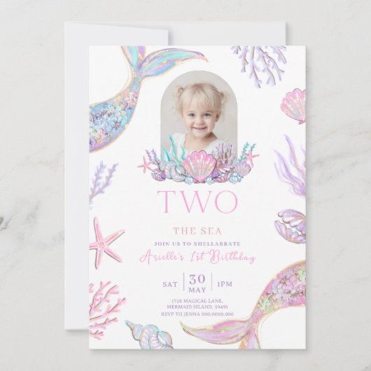 Editable Two The Sea Mermaid Tail Invite Girl Glit Kaart (Voorkant)