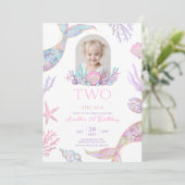 Editable Two The Sea Mermaid Tail Invite Girl Glit Kaart (Staand voorkant)