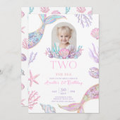 Editable Two The Sea Mermaid Tail Invite Girl Glit Kaart (Voorkant / Achterkant)