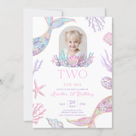 Editable Two The Sea Mermaid Tail Invite Girl Glit Kaart