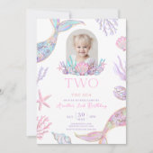 Editable Two The Sea Mermaid Tail Invite Girl Glit Kaart (Voorkant)
