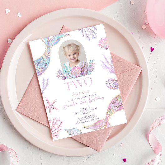 Editable Two The Sea Mermaid Tail Invite Girl Glit Kaart