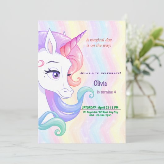 Editable Unicorn Birthday Invitation Kaart (Staand voorkant)