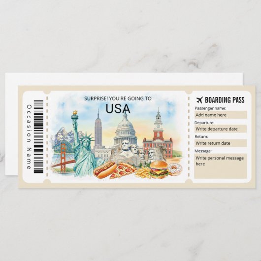 Editable USA Trip Boarding Pass Ticket Kaart (Voorkant / Achterkant)