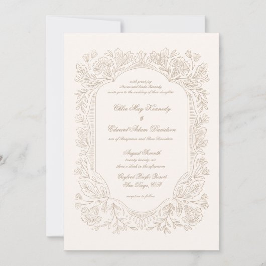 Editable Vintage Peonies Frame Wedding Invitation Kaart (Voorkant)